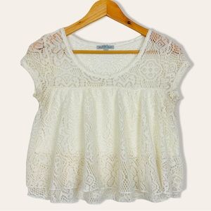 Charlotte Russe White Layered Lazer Cutout Lace Boxy Short Sleeve Boho Crop Top